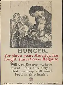 A pencil sketch image depicts a mother with her head downcast, holding an infant in her arms. Near her are two other children, looking thin and sickly. There is no father depicted. Everyone is drawn slumped over and appears melancholy.