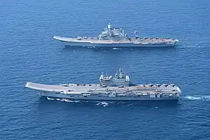 INS Vikramaditya with INS Vikrant during a multi-carrier operations in Arabian Sea