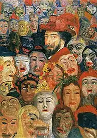Self-Portrait with Masks (1899), oil on canvas, 117 x 82&nbsp;cm., Menard Art Museum, Komaki