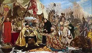 Batory at Pskov, painting by Jan Matejko, depicts the siege from the Polish–Lithuanian perspective&nbsp;– Russian nobility doing homage before the victorious Commonwealth ruler. In reality, Pskov was not taken by the Commonwealth as the Peace of Jam Zapolski was concluded before the siege ended.