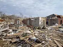EF3 damage: Here, the roof and all but some inner walls of this frame home have been demolished. While taking shelter in a basement, cellar, or inner room improves one's odds of surviving a tornado drastically, occasionally even this is not enough. EF3 and stronger tornadoes only account for about 6% of all annual tornadoes in the United States, yet since 1980, they have accounted for more than 75% of tornado-related deaths.