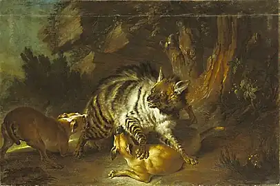 Hyena in the Fight with two Dogs (1739), 130 x 190&nbsp;cm., Ludwigslust Palace