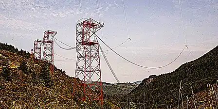 Towers supporting one of two antenna feed bus cables extending from the transmitter building.  From each 145 feet (44&nbsp;m). tower a vertical feedline (faintly visible, top of picture) extends up 900 feet (270&nbsp;m). to attach to the midpoint of each horizontal valleyspan cable.