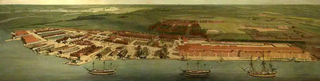 Chatham Dockyard: from right to left (south to north) on river bank are: two Anchor Wharf Storehouses (Rope House behind); two shipbuilding slips (and Commissioner's House with garden, and beyond, Sail and Colour Loft); two dry docks (Clock Tower Storehouse behind); the old Smithery; two more dry docks (and beyond, Masthouses and Mouldloft); more building slips and Boat Houses. In the distance, ships at anchor on Gillingham Reach. Painting by Joseph Farington, 1785.