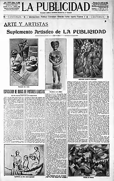 Paintings by Juan Gris, Bodegón; August Agero (sculpture); Jean Metzinger, 1910–11, Deux Nus, Two Nudes, Gothenburg Museum of Art; Marie Laurencin (acrylic); Albert Gleizes, 1911, Paysage, Landscape. La Publicidad, 26 April 1912