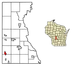 Location of Elroy in Juneau County, Wisconsin.