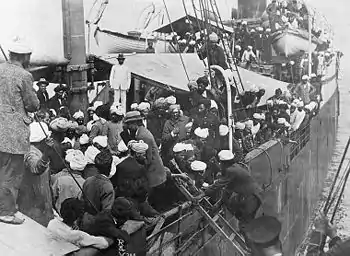 Punjabi Sikhs aboard the&nbsp;SS&nbsp;Komagata Maru in Vancouver's Burrard Inlet, 1914. Most of the passengers were not allowed to land in Canada and the ship was forced to return to India. The events surrounding the Komagata Maru incident served as a catalyst for the Ghadarite cause.