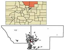 Location of Johnstown in Larimer County and Weld County, Colorado.