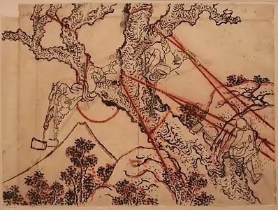 "Fuji in the Totomi Mountains", preparatory drawing in India ink and red pigment on paper