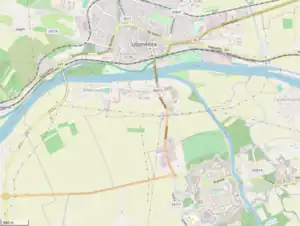 Leitmeritz and Theresienstadt on opposite sides of the Elbe; Small Fortress is on the right of the Eger; the Main Fortress on the left of the river housed the ghetto.Plch & Plch 2018, pp.&nbsp;79, 82–83.