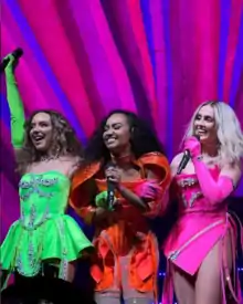 Little Mix in 2022  From left to right: Jade Thirlwall, Leigh-Anne Pinnock, and Perrie Edwards