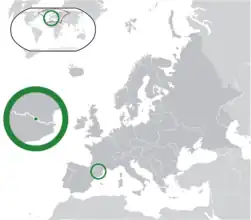 Location of Andorra (centre of green circle)in Europe (dark grey)