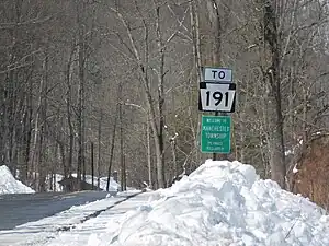 Signage off the Little Equinunk Bridge for Manchester Township and Route&nbsp;191.