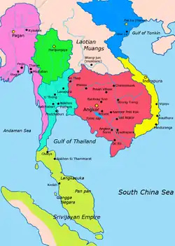 Map of Mainland Southeast Asia circa 1000 - 1100 CE
Blue: Lavo KingdomRed: Khmer EmpireGreen: Hariphunchai KingdomLight green: SrivijayaYellow: ChampaBlue: Dai VietPink: Bagan Kingdom