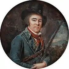 Portrait of a Gentleman as a Hunter, between 1790-1793, miniature, watercolor and gouache on ivoire, diamèter 7.4&nbsp;cm (Bomann-Museum, Tansey Collection)