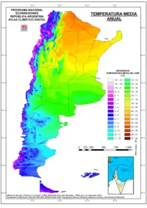 Map showing mean temperatures in Argentina (including the Falkland Islands). Mean annual temperatures range from more than 22&nbsp;°C (71.6&nbsp;°F) in the center north to between 4&nbsp;°C (39.2&nbsp;°F) in the south and extreme western parts of the country. Temperatures generally decrease southwards and westwards owing to a higher latitude and altitude.