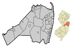 Location of Allentown in Monmouth County highlighted in red (left). Inset map: Location of Monmouth County in New Jersey highlighted in orange (right).