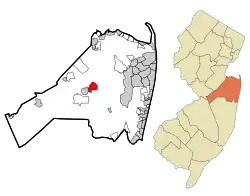 Map of East Freehold CDP in Monmouth County. Inset: Location of Monmouth County in New Jersey.