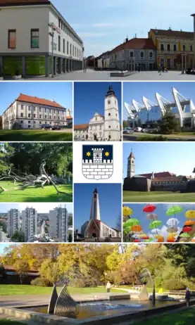 Top:Franciscan Square, Second:Međimurje County Museum, Saint Nicholas Church, High School for Construction Engineering Sports Arena, Third:A black locust monument in Zrinski Park, Coat of arms of Čakovec, Zrinski Castle, Fourth:A residential complex in Valent Morandini Street area, Saint Anthony of Padua Church, Porcijunkulovo Christian Festival in every August, Bottom:Fountain in Zrinski Park (all items from left to right)