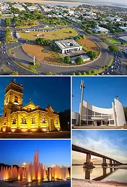 Above:Aerial view of Central Civic Square (Praça dos Centro Cívico) and Helio Campos Palace (Paço dos Helio Campos), Middle:Boa Vista Matriz Church (Paróquia Matriz de Nossa Senhora do Carmo), Boa Vista Cristo Redentor Cathedral (Diocese de Roraima), Bottom:A fountain in Águas Square (Praça das Águas), Macuxis Bridge (Ponte dos Macuxis), all items from left to right