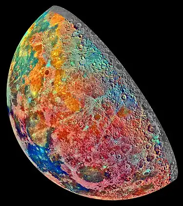 Image 1Geology of the MoonImage credit: Galileo spacecraftThis false-color mosaic showing compositional variations in the geology of the Moon was constructed from a series of 53 images taken through three spectral filters by the imaging system of the Galileo spacecraft. Bright pinkish areas are highlands materials, such as those surrounding the oval lava-filled Mare Crisium impact basin toward the bottom. Blue to orange shades indicate volcanic lava flows. To the left of Crisium, the dark blue Mare Tranquillitatis is richer in titanium than the green and orange maria above it. Thin mineral-rich soils associated with relatively recent impacts are represented by light blue colors. The monochrome band on the right edge shows the unretouched surface of the moon.More selected pictures