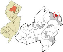 Location of Butler in Morris County highlighted and circled in red (right). Inset map: Location of Morris County in New Jersey highlighted in orange (left).