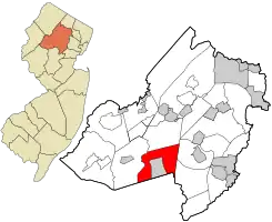 Location of Mendham Township in Morris County highlighted in red (right). Inset map: Location of Morris County in New Jersey highlighted in orange (left).
