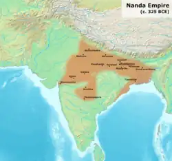 Possible extent of the Nanda Empire under its last ruler Dhana Nanda (c. 325 BCE).