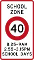 (R1-6.1) 40&nbsp;km/h school zone speed limit in effect during times specified (199?-2016)