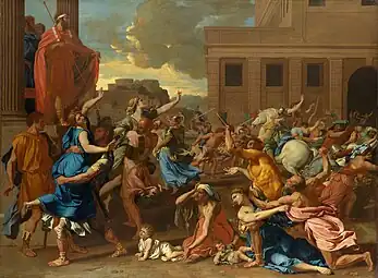 The Rape of the Sabine Women; by Nicolas Poussin; 1634–1635; oil on canvas; 1.55 × 2.1&nbsp;m; Metropolitan Museum of Art, New York City