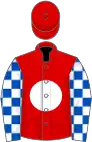 Red, white disc, royal blue and white checked sleeves, red cap