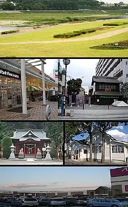 upper:Omoigawa River,upper middle: Oyama Yuen, Oyamamachi Station lower middle: Shirahige Jinja, Oyama City Archiveslower:Aeon Oyama shopping center