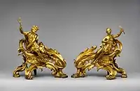 Pair of French Rococo firedogs (chenets); c. 1750; gilt bronze; dimensions of the first: 52.7 x 48.3 x 26.7&nbsp;cm, of the second: 45.1 x 49.1 x 24.8&nbsp;cm; Metropolitan Museum of Art