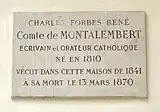 Memorial plaque to Charles de Montalembert, 5 impasse de Valmy, Paris 7.