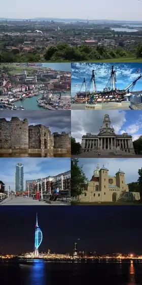 Clockwise from top: the city viewed from Portsdown Hill; HMS&nbsp;Victory; Portsmouth Guildhall; Portsmouth Cathedral; the Spinnaker Tower alongside Portsmouth Harbour; Gunwharf Quays; Portchester Castle; and Old Portsmouth