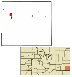 Location of the City of Lamar in Prowers County, Colorado.