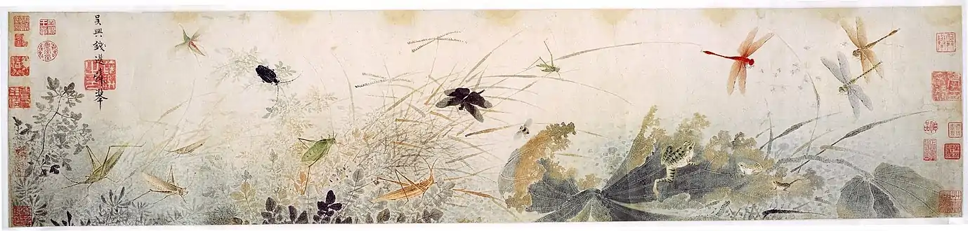 Early Autumn; by Qian Xuan; 13th century; ink and colors on paper scroll; 26.7 × 120.7&nbsp;cm; Detroit Institute of Arts. The decaying lotus leaves and dragonflies hovering over stagnant water are probably a veiled criticism of Mongol rule