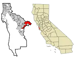 Location of Menlo Park in San Mateo County (left) and of San Mateo County in California (right)