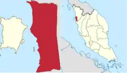 Seberang Perai (red) in the state of Penang (left map), and Seberang Perai (red) in West Malaysia (right map)