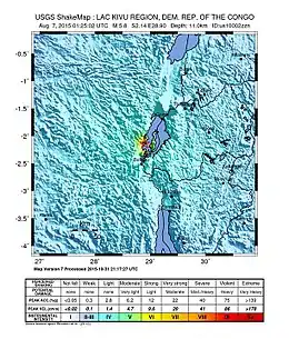 Intensity map of the August 7, 2015 earthquake in the South Kivu region of the Democratic Republic of the Congo
