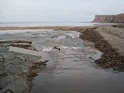 A small river flowing across a beach into the sea