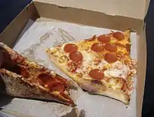 New York–style pepperoni pizza, displaying its characteristic thin foldable crust