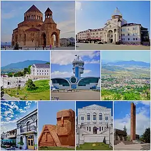 From top left: Holy Mother of God Cathedral Renaissance Square • Downtown Stepanakert Stepanakert Airport • Stepanakert skyline Park Hotel Artsakh • We Are Our Mountains Artsakh University
• Victory Monument