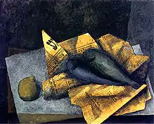 Stillleben mit Fischen, 65&nbsp;cm × 50&nbsp;cm, Öl, Collage, Hartfaser, 1965