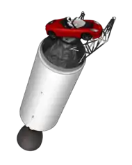 Illustration of Elon Musk's Tesla Roadster attached to the upper stage of a Falcon rocket, with a driver wearing a white-and-black spacesuit in the driving seat and the Earth visible in the background.