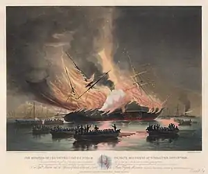 Mends was a witness to the burning of the United States steam frigate USS&nbsp;Missouri at Gibraltar 26 August 1843. His sketch was the basis for a painting by Edward Duncan. This litho from Thomas Goldsworthy Dutton is from that work.