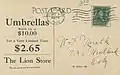 Lion Store postcard advertisement for umbrellas (reverse), 1908