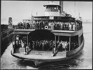 Ferryboat Dongan Hills of the Staten Island Ferry, seen approaching a landing in 1945