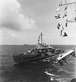 USS Paul Hamilton (DD-590) during the Iwo Jima campaign, 11 March 1945. She is wearing camouflage Measure 32, Design 3d.