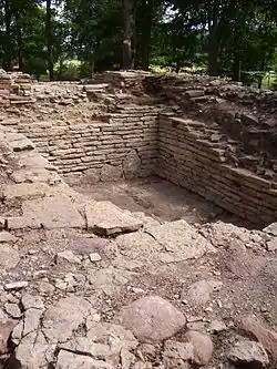 The stone foundation of the old church of Varnhem, dated 1040 or earlier.